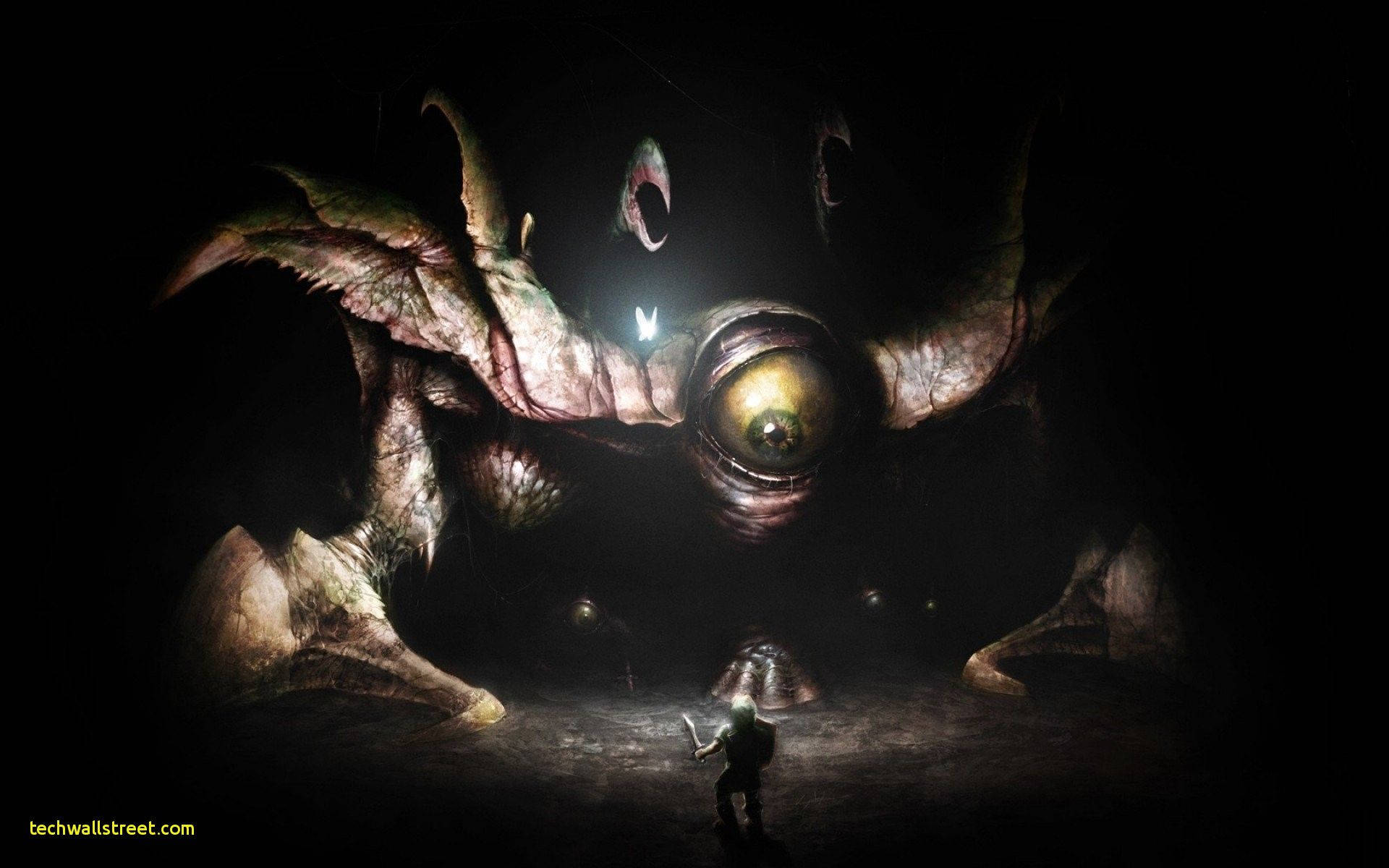 A Man Standing In Front Of A Large Monster Background