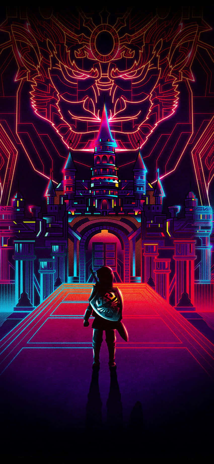A Man Standing In Front Of A Neon Castle Background