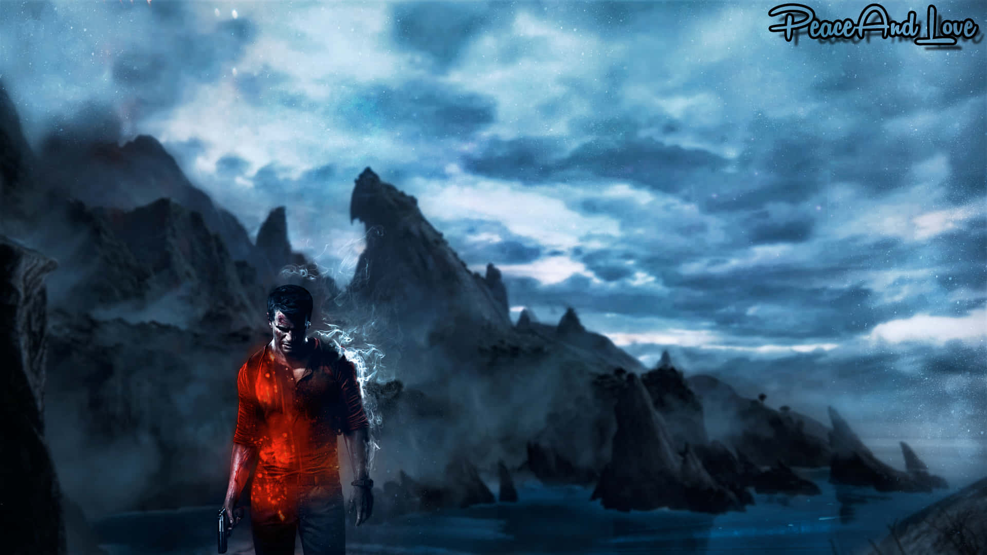 A Man Standing In The Water With A Red Shirt Background