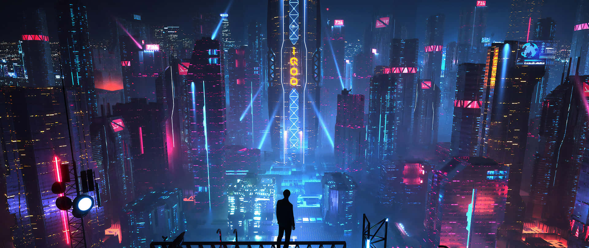 A Man Standing On A Ledge In A Futuristic City Background