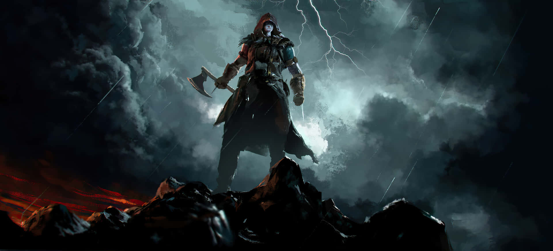 A Man Standing On A Mountain With Lightning Background