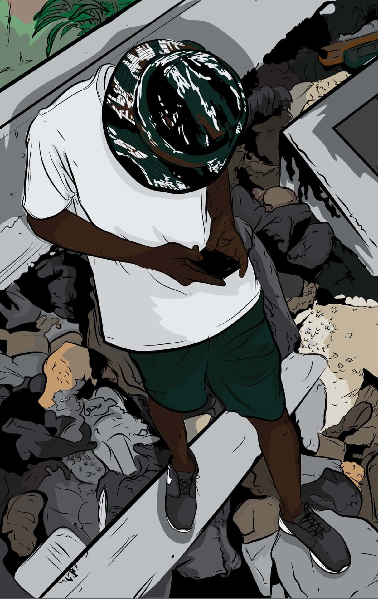 A Man Standing On A Pile Of Trash Background