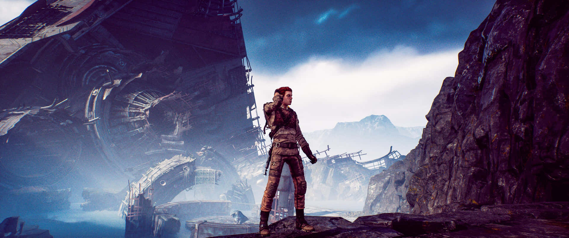 A Man Standing On A Rock In Front Of A Large Building Background