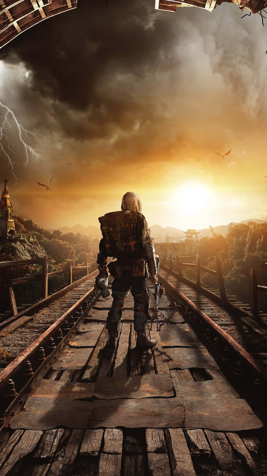 A Man Standing On A Train Track With Lightning Background