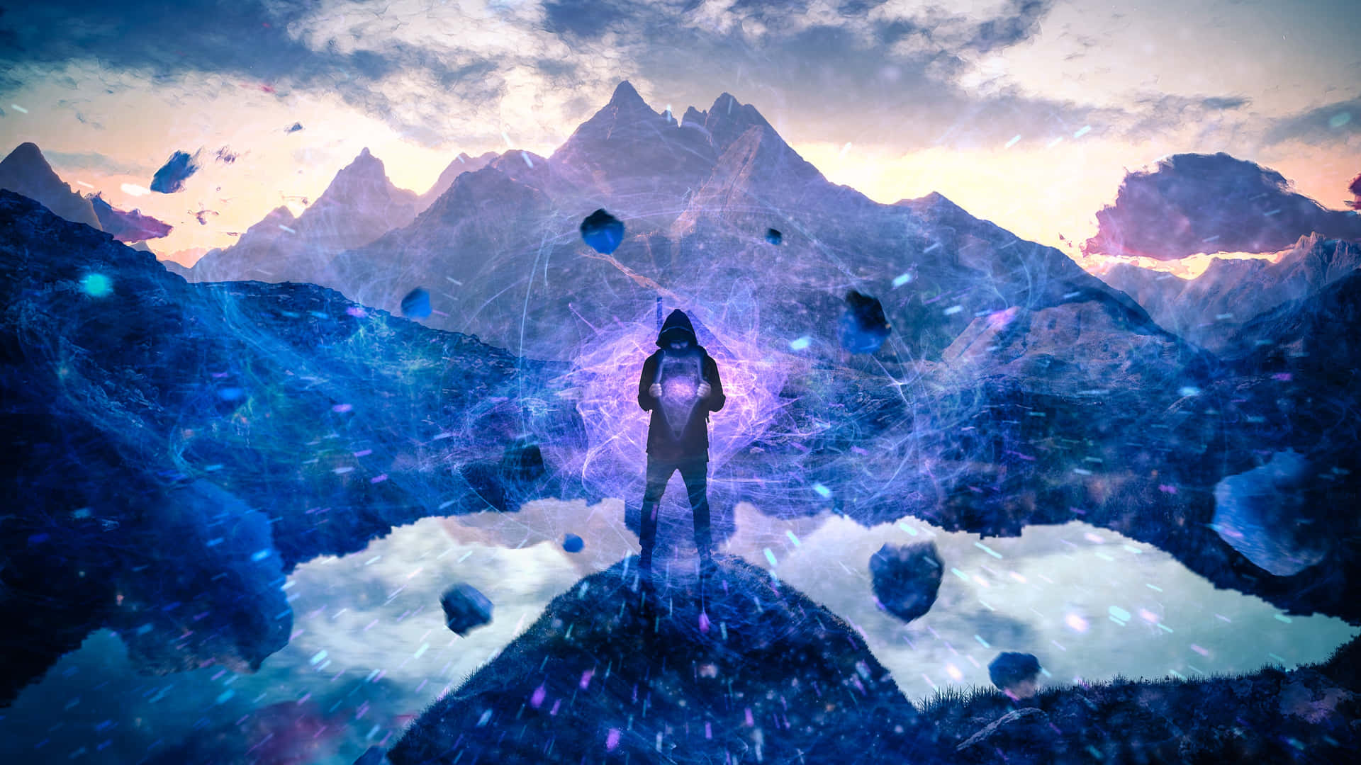 A Man Standing On Top Of A Mountain With A Blue Light Background