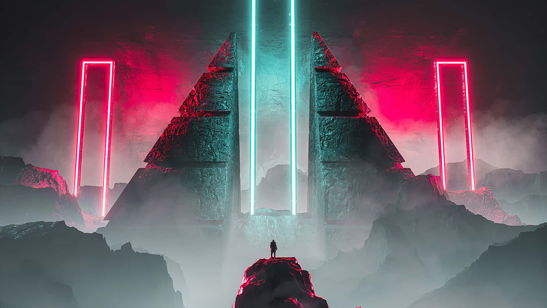 A Man Standing On Top Of A Mountain With Neon Lights Background