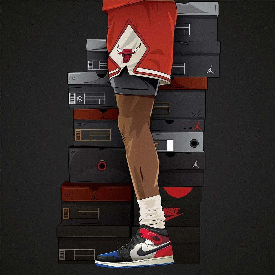 A Man Standing On Top Of A Stack Of Shoes Background