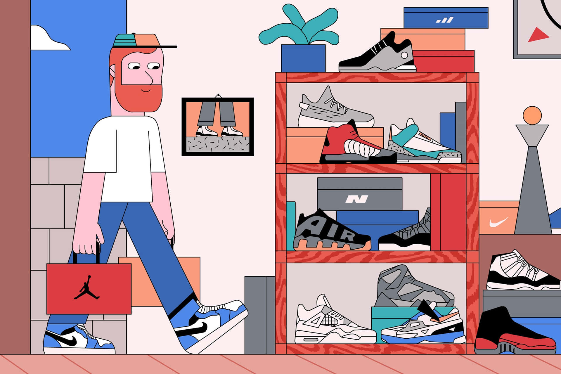 A Man Walking Through A Room Full Of Shoes Background