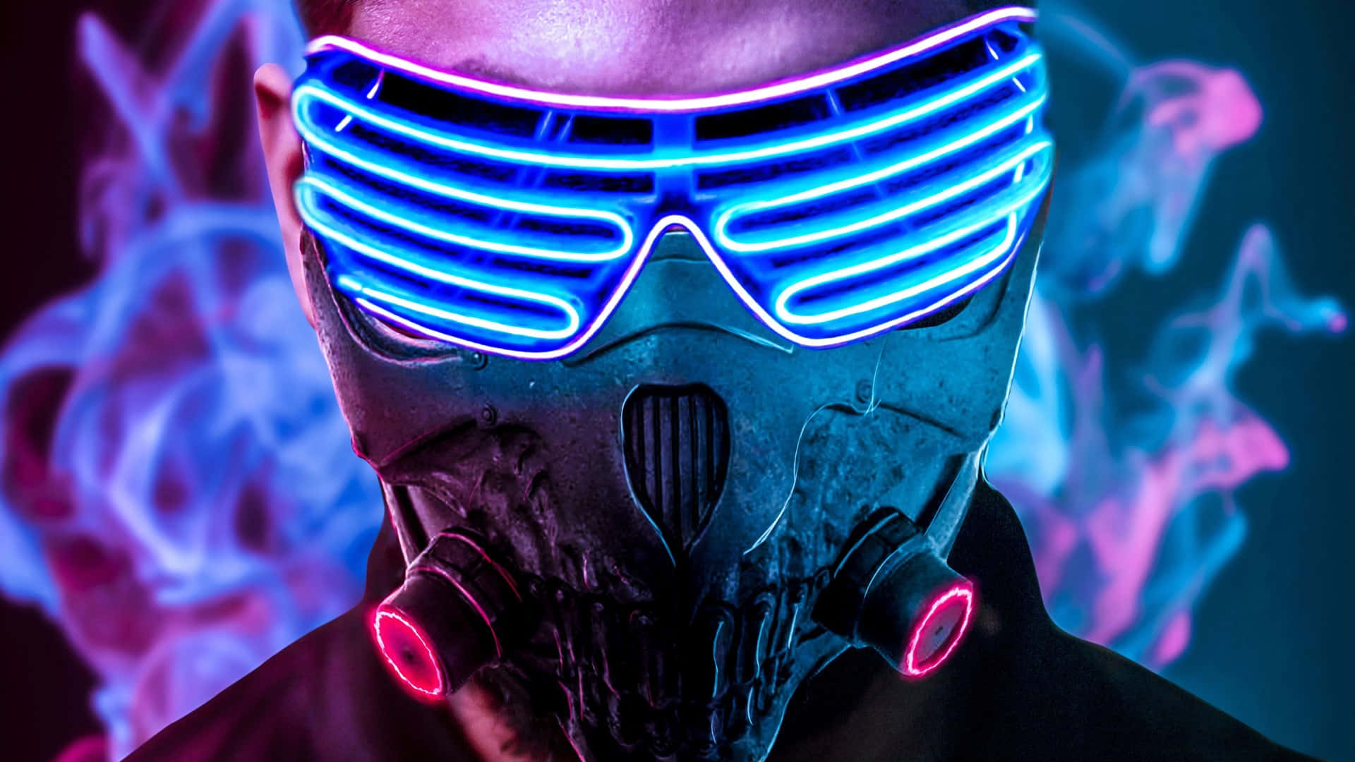 A Man Wearing A Neon Mask And A Blue Mask Background