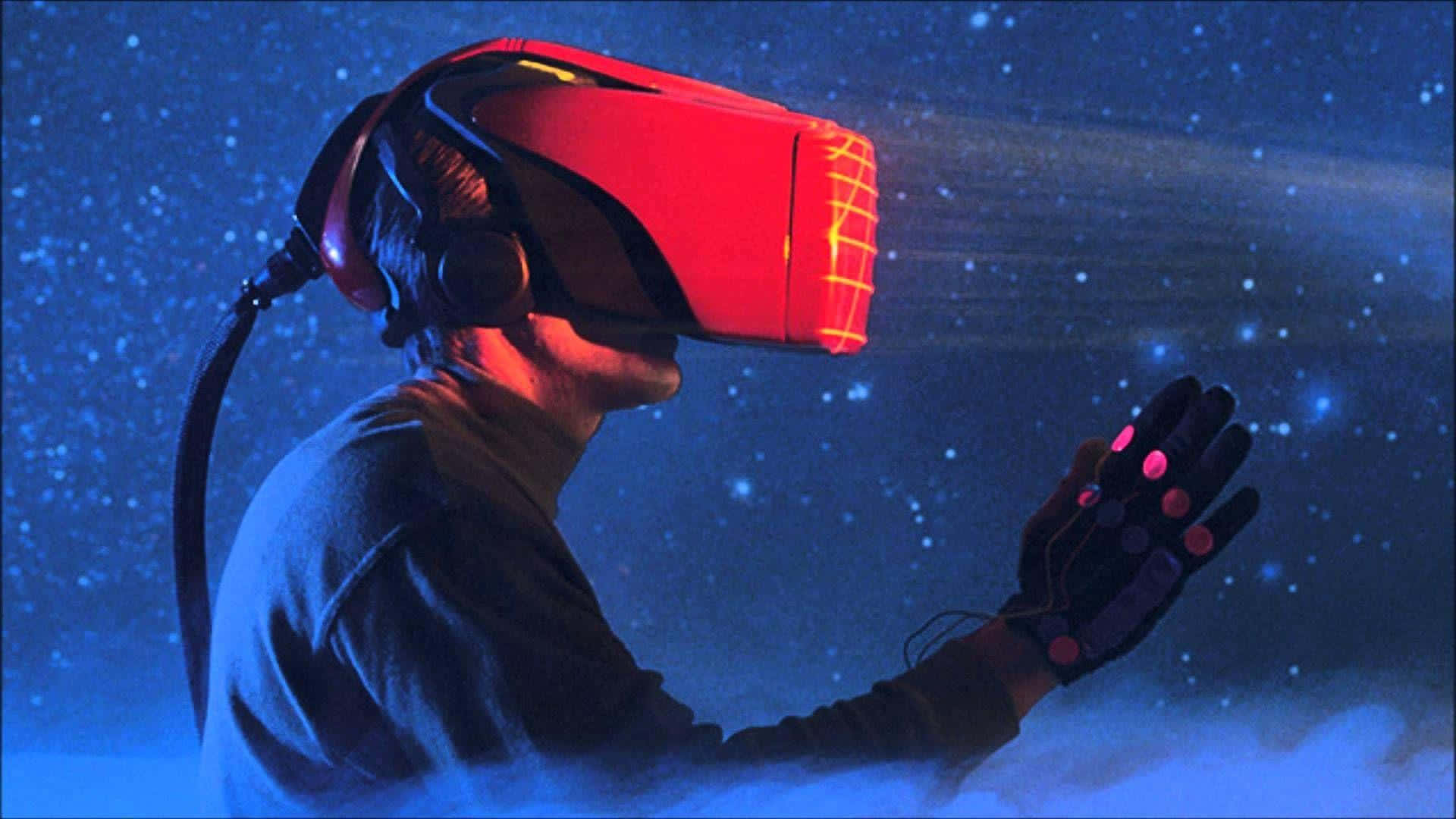 A Man Wearing A Vr Headset In The Sky Background