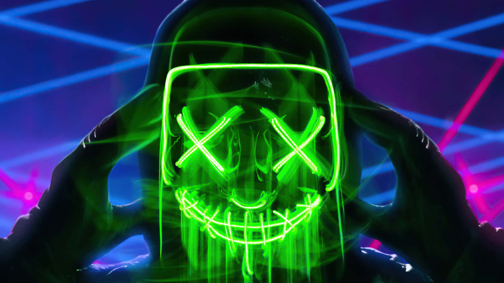 A Man With A Green Mask And Neon Lights Background