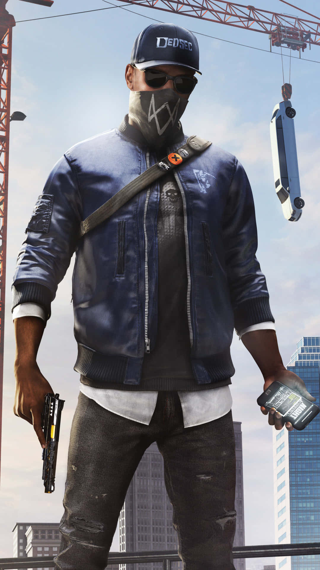 A Man With A Gun And A Jacket Standing In Front Of A Construction Site Background