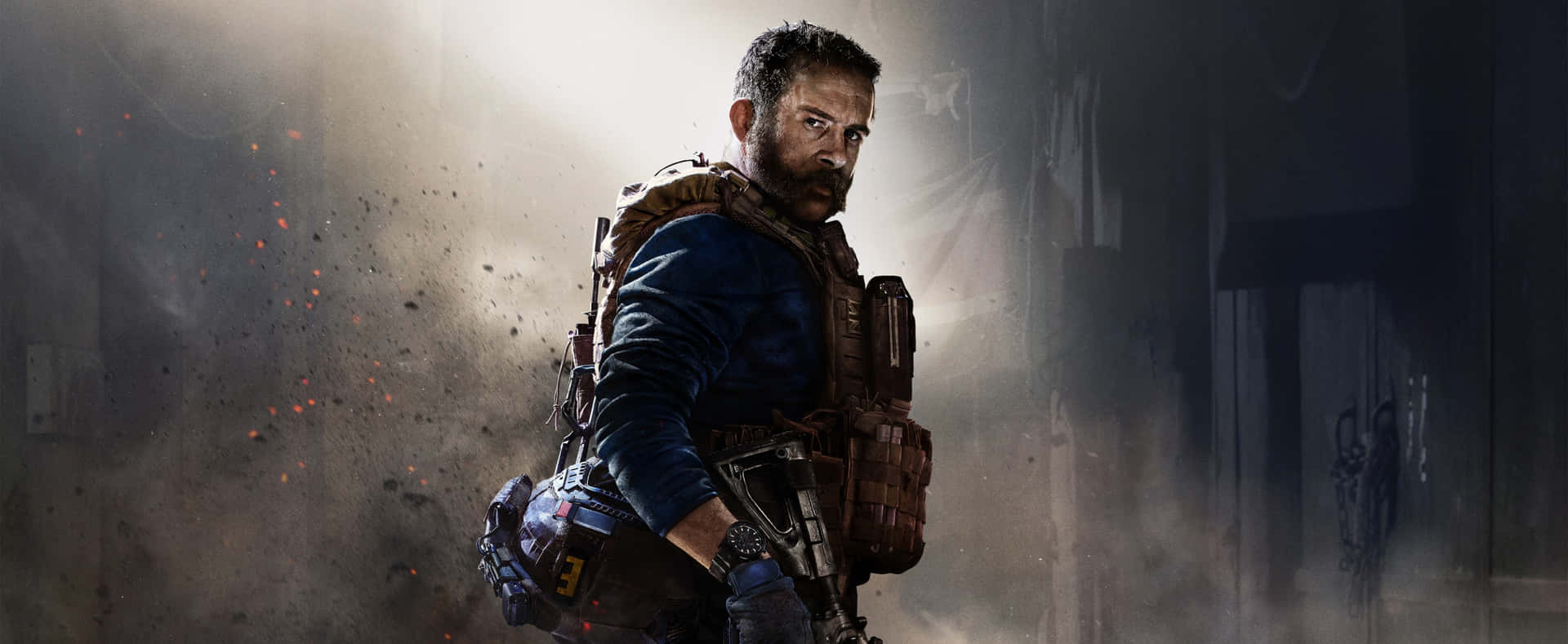 A Man With A Gun Is Standing In A Dark Room Background
