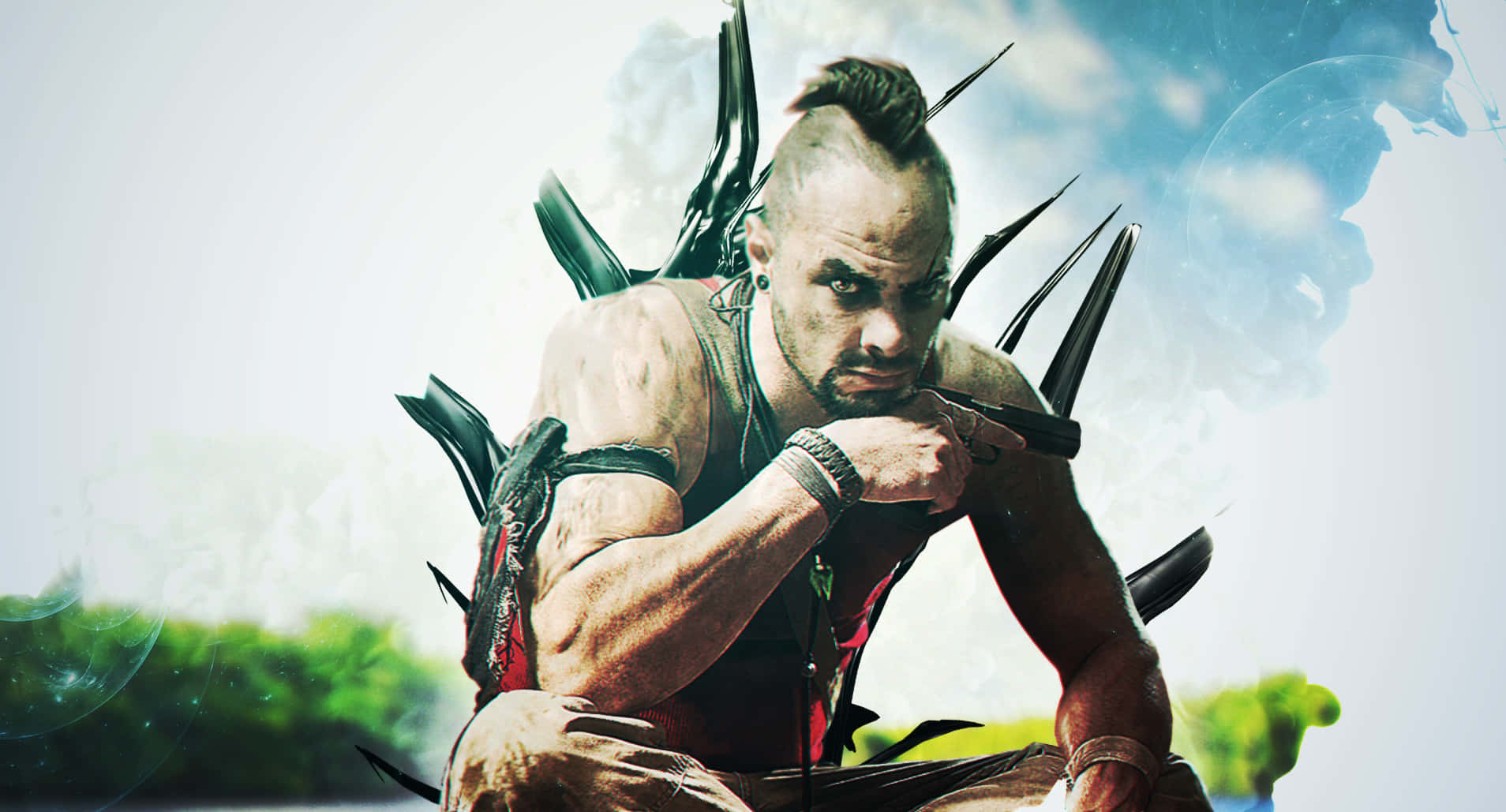 A Man With A Knife In His Hand Is Sitting On A Rock Background