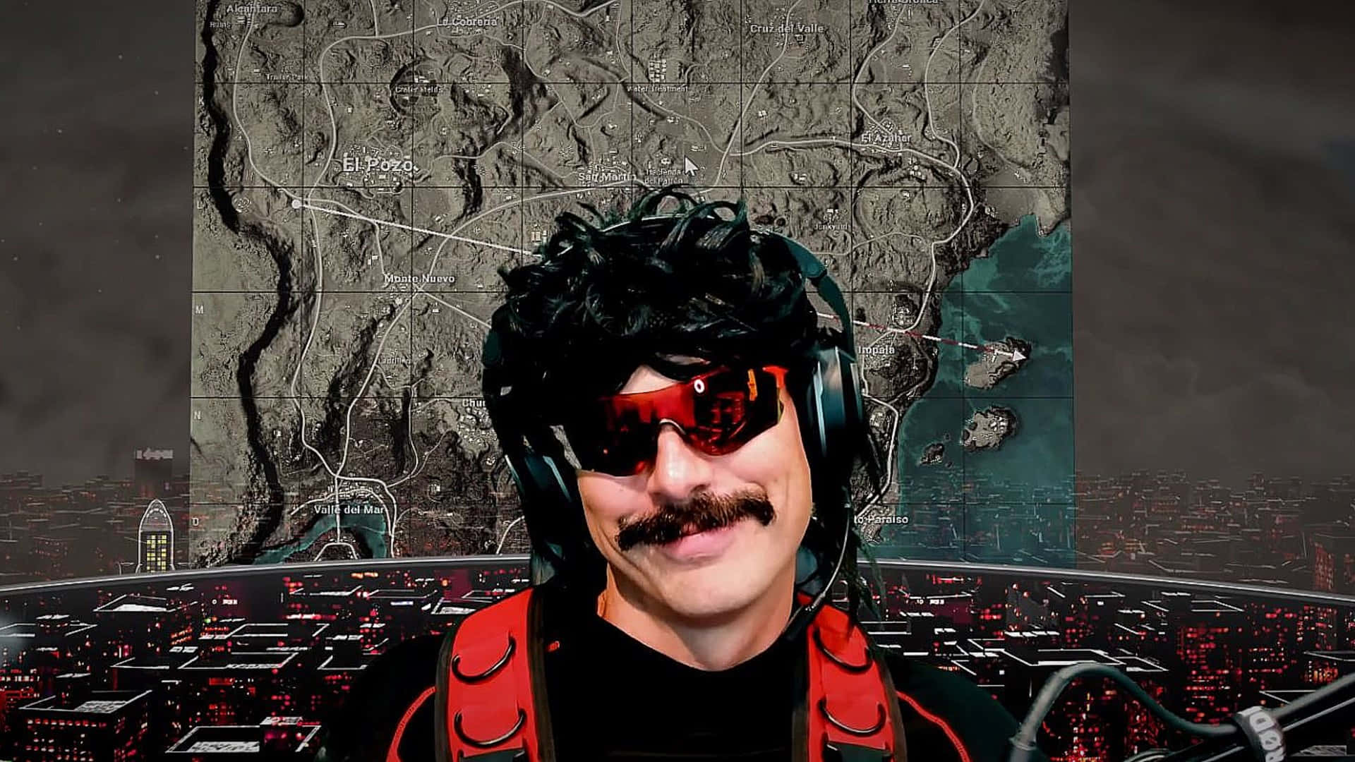 A Man With A Mustache And Sunglasses In Front Of A Map Background