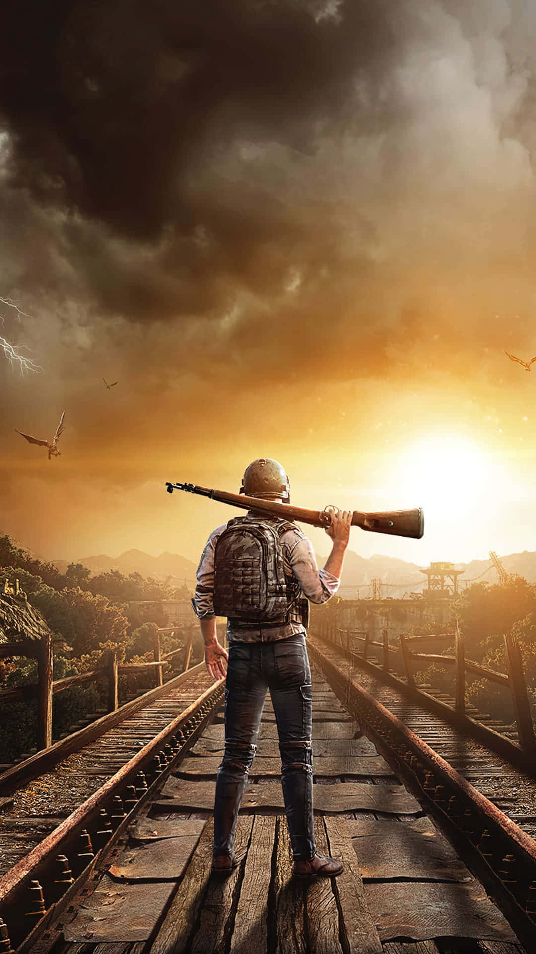 A Man With A Rifle Standing On Railroad Tracks