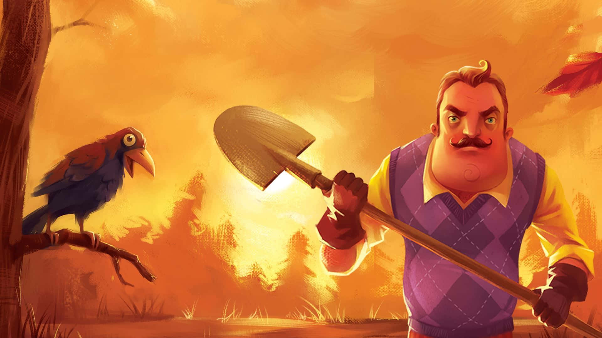 A Man With A Shovel And A Bird In The Forest