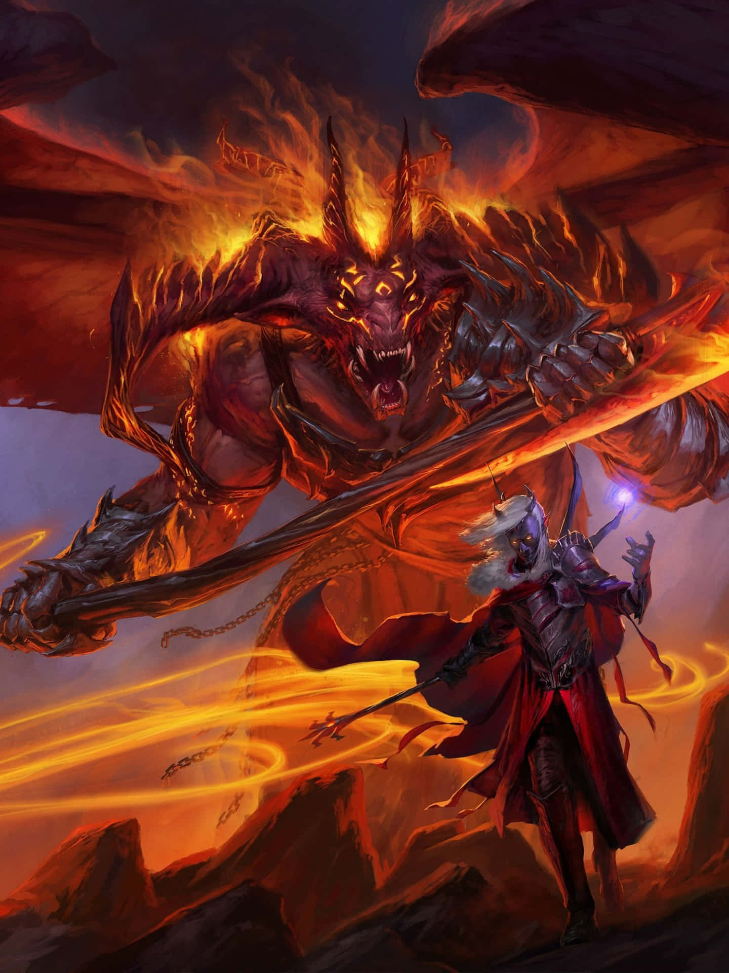 A Man With A Sword And A Demon In Flames Background