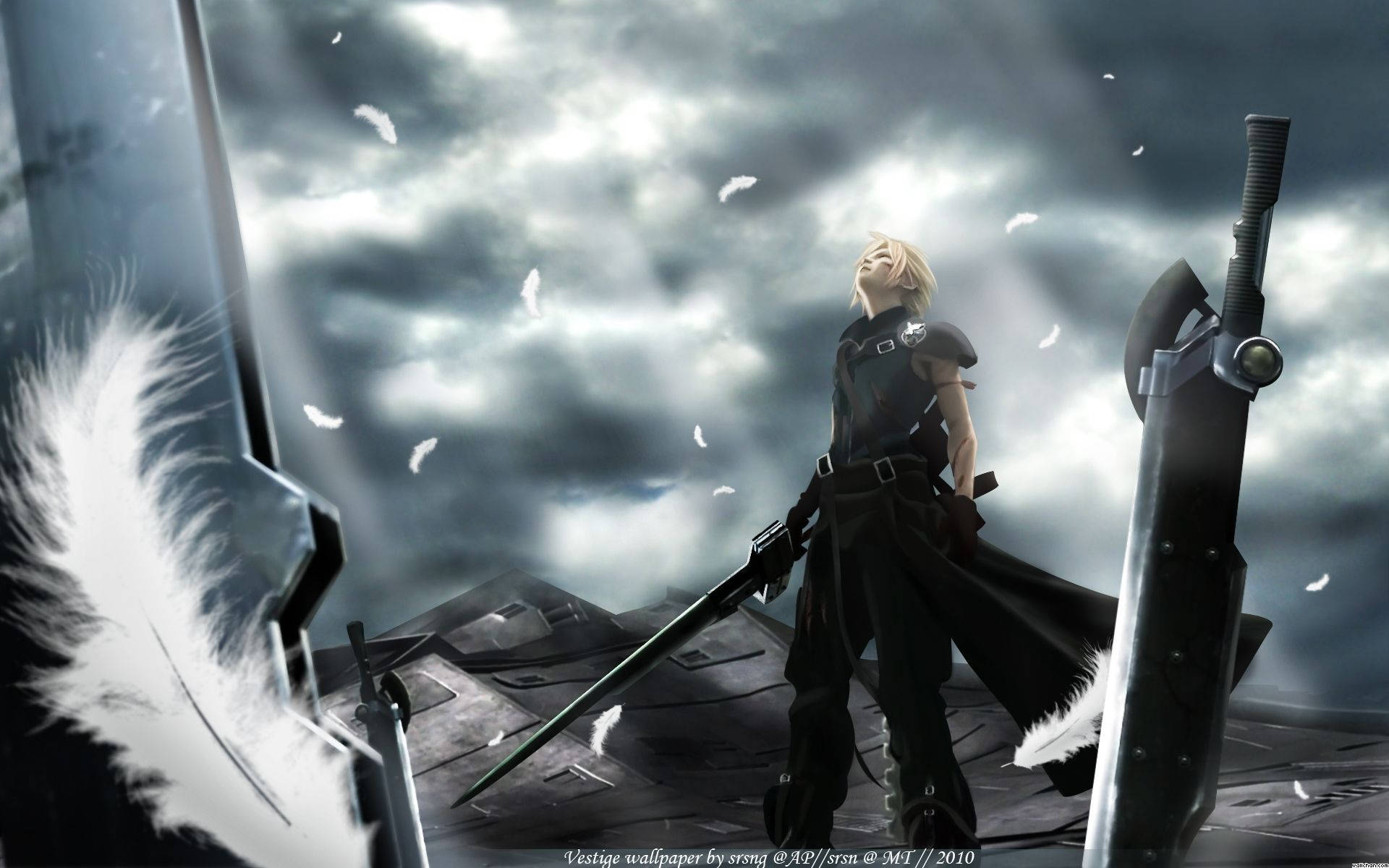 A Man With A Sword And Feathers Standing In The Sky Background