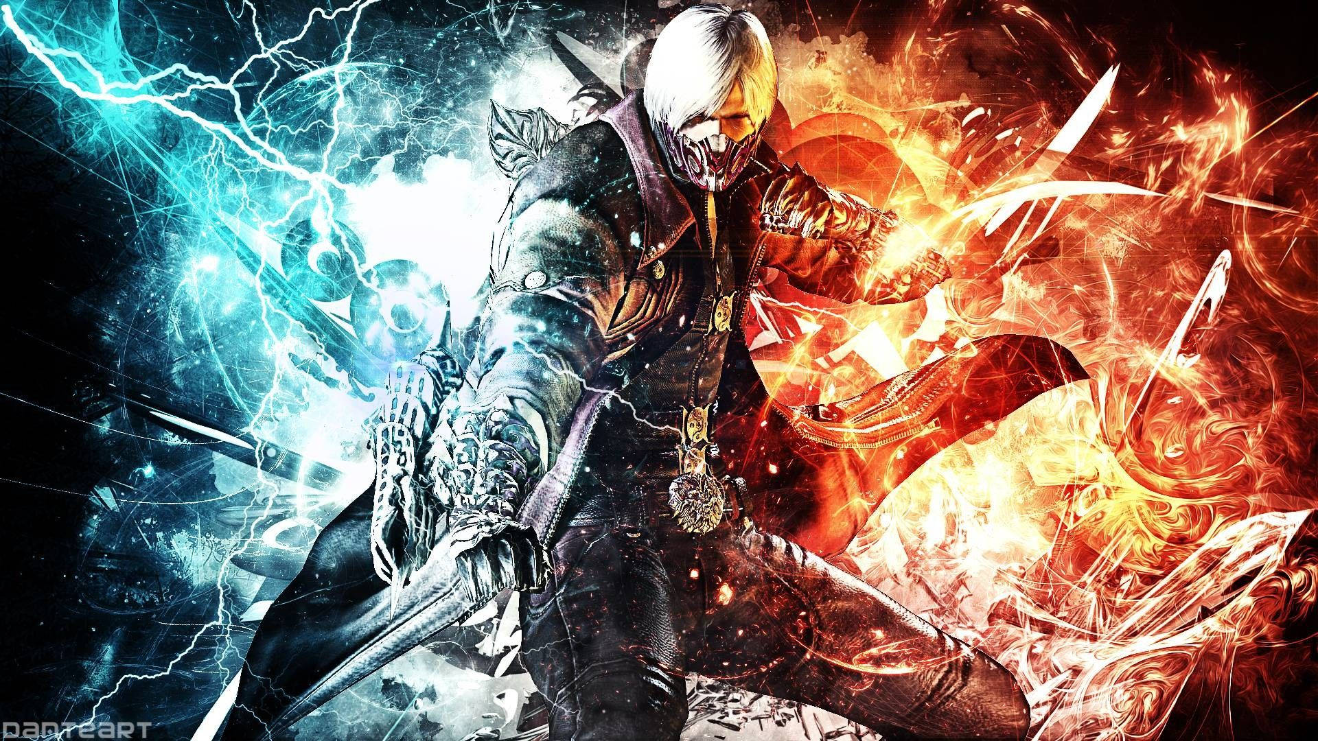 A Man With A Sword And Fire In Front Of Him Background