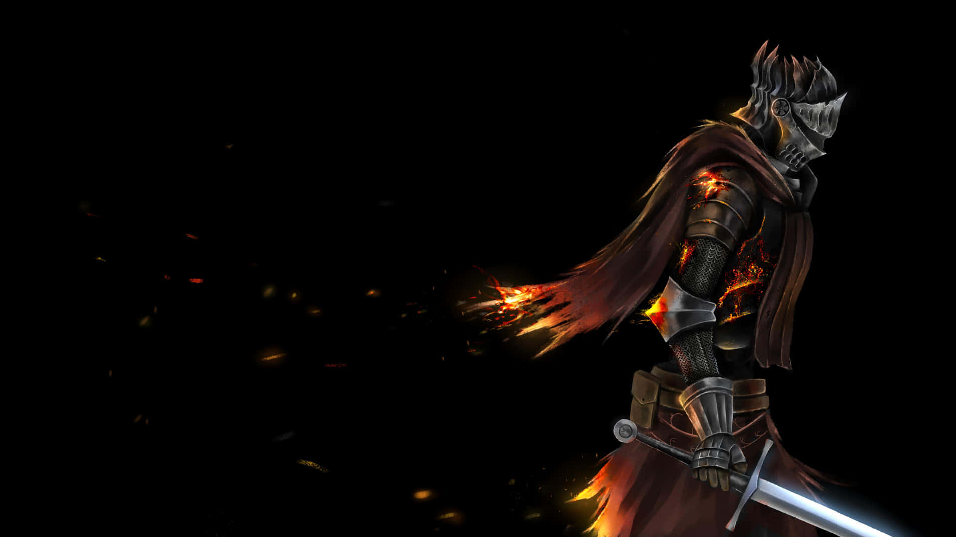 A Man With A Sword And Flames On A Black Background Background