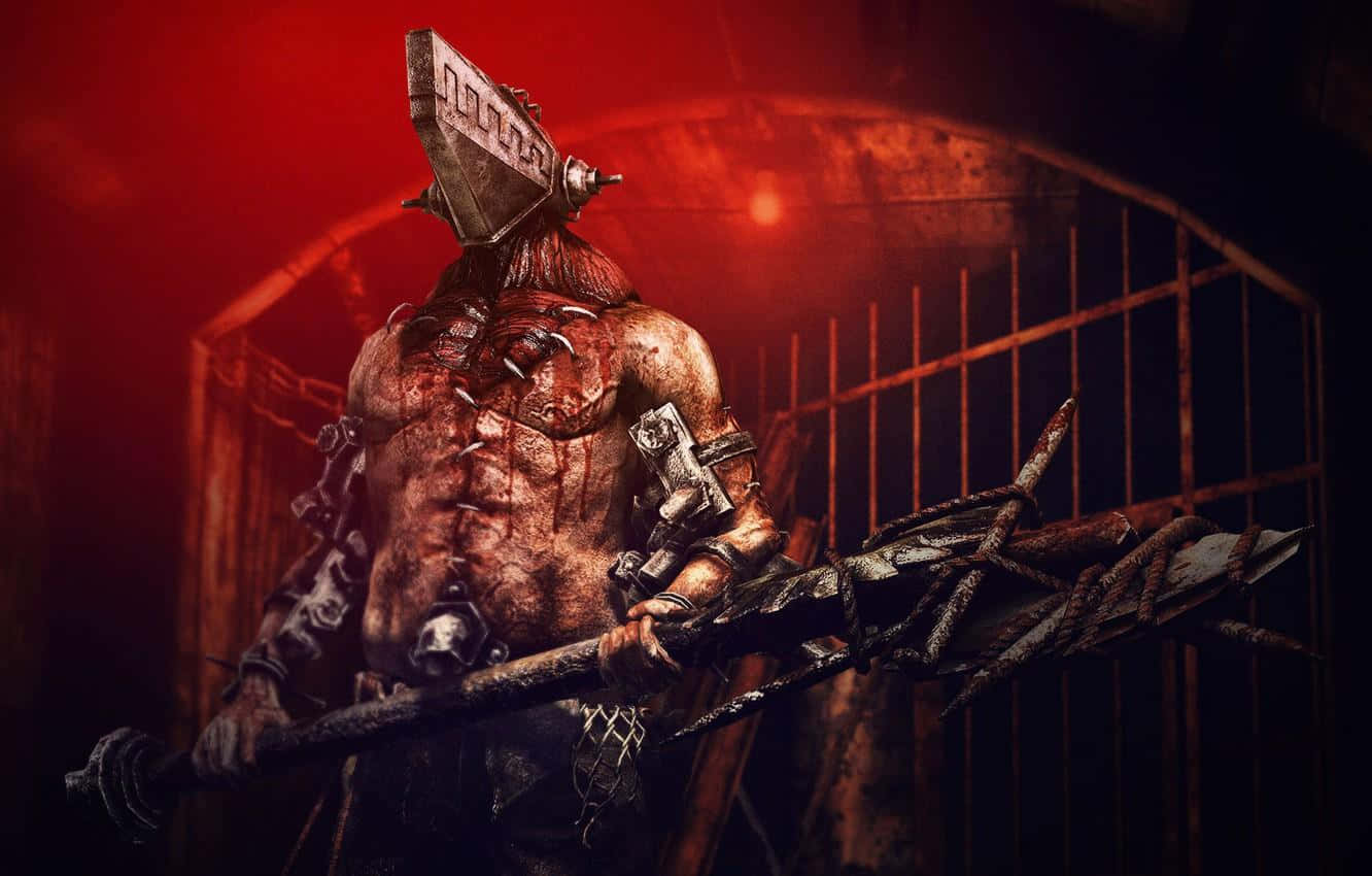 A Man With A Sword In Front Of A Cage Background