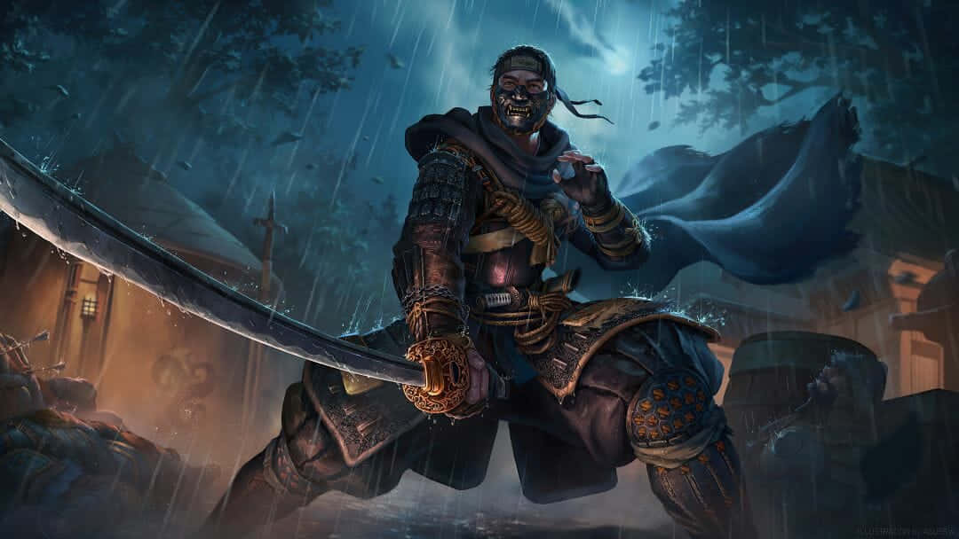 A Man With A Sword In The Rain Background