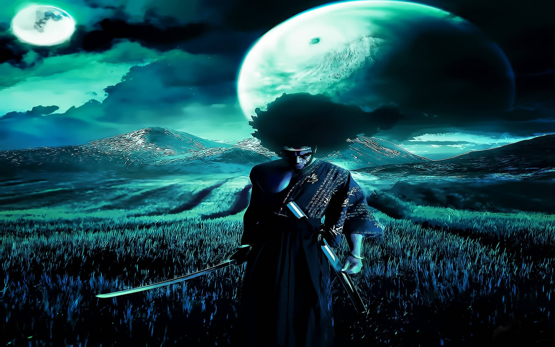 A Man With A Sword Standing In A Field With A Moon Background