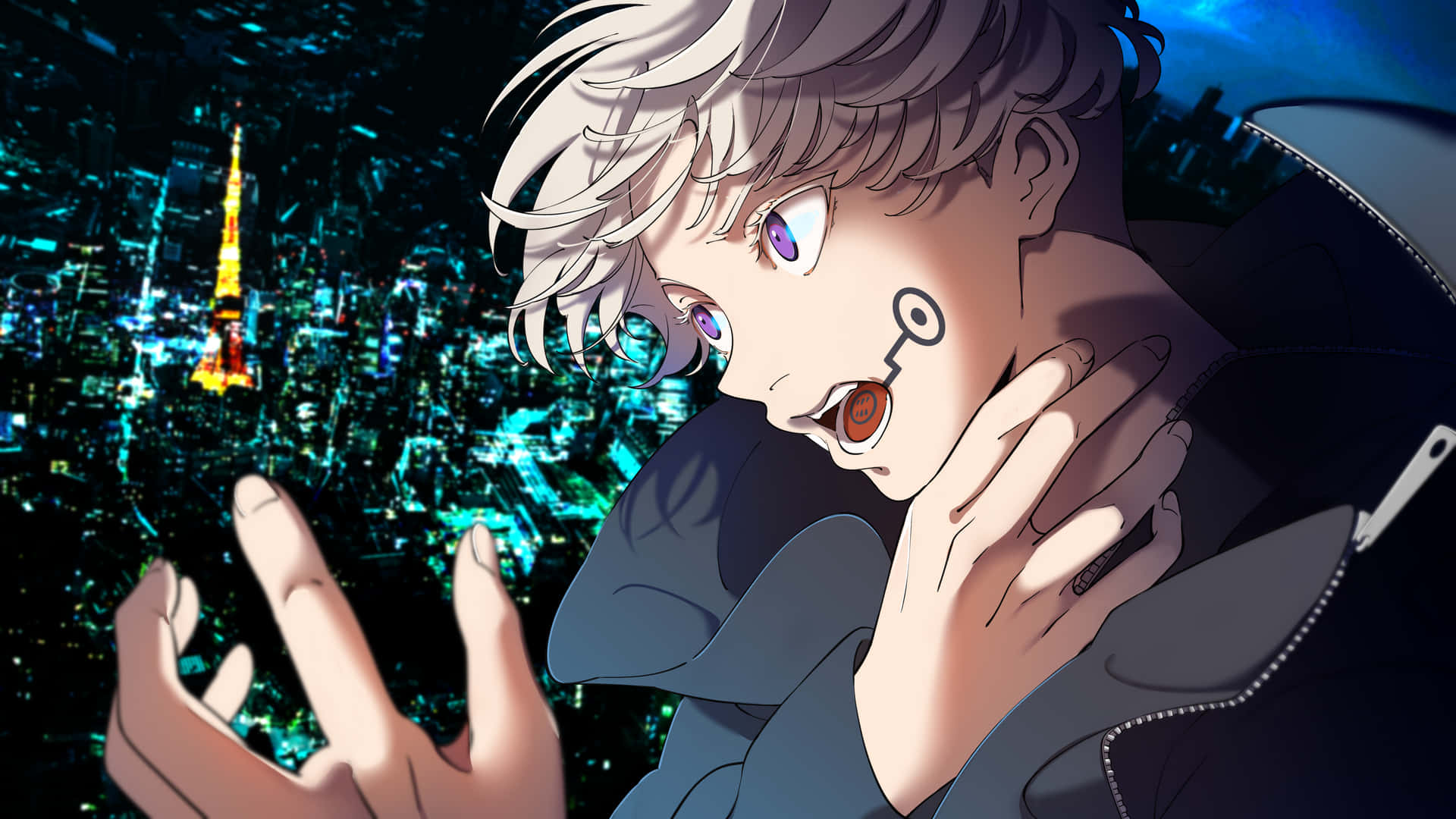 A Man With Blue Eyes And A Black Jacket Is Holding His Hand Out Background