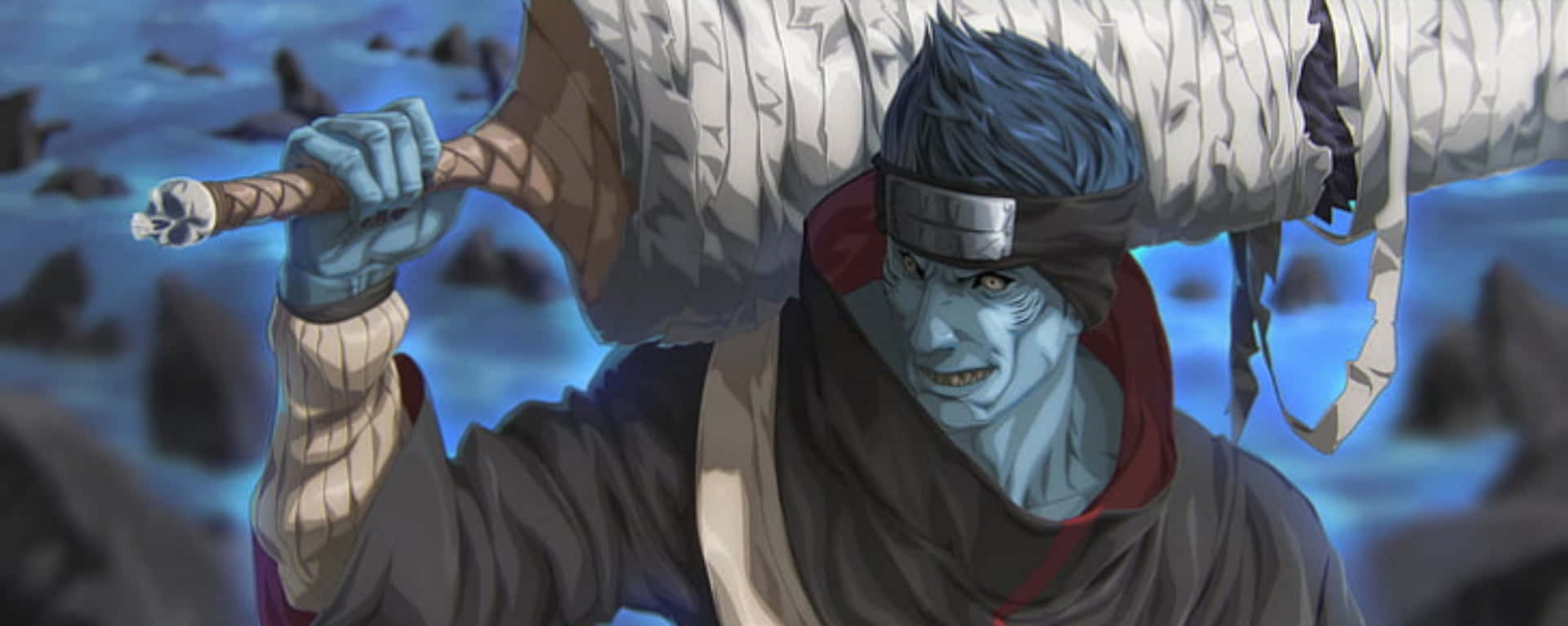 A Man With Blue Hair Holding A Large Sword Background