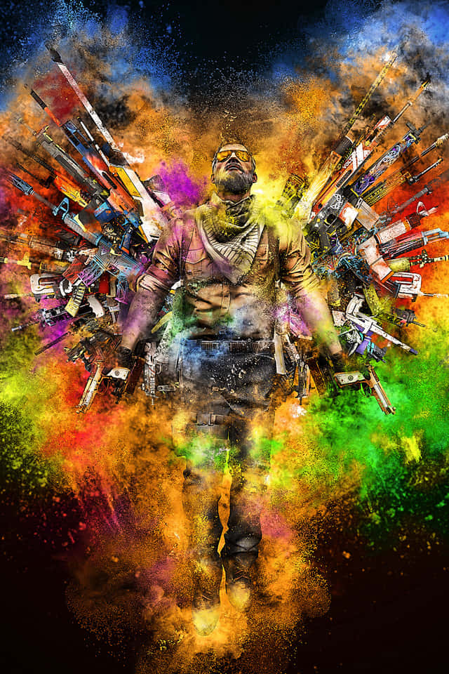 A Man With Colorful Wings And Guns Background