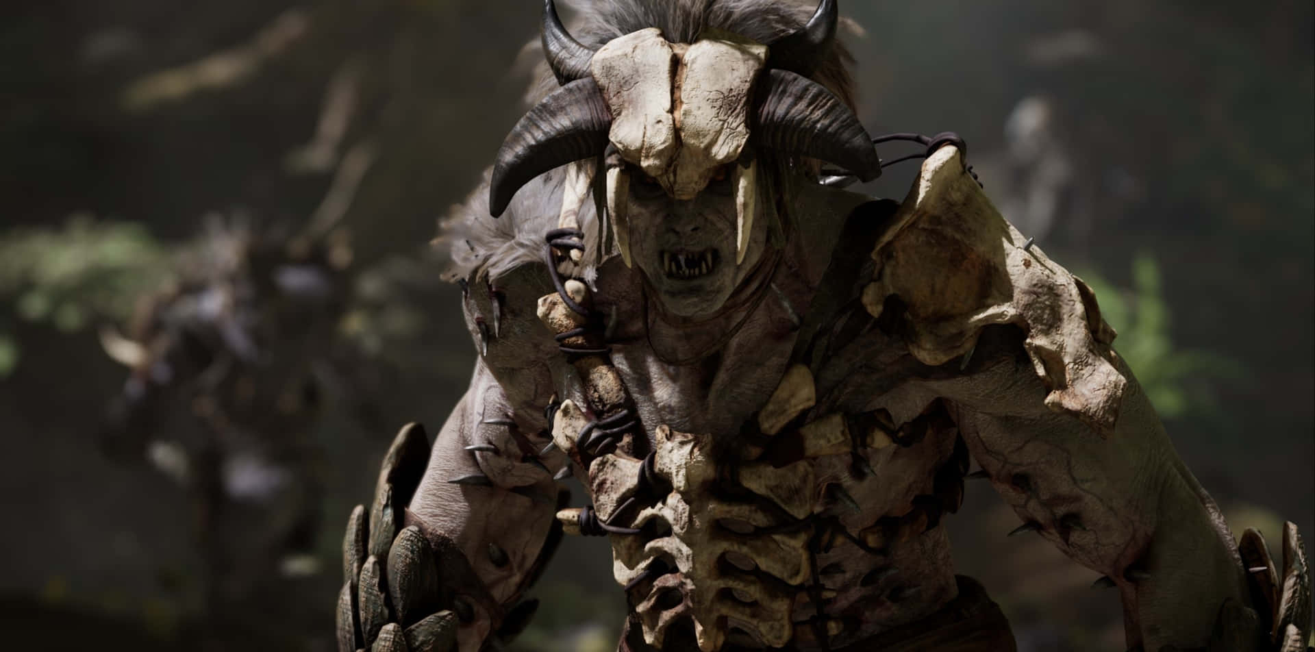 A Man With Horns And A Horned Head Is Walking Through The Woods Background