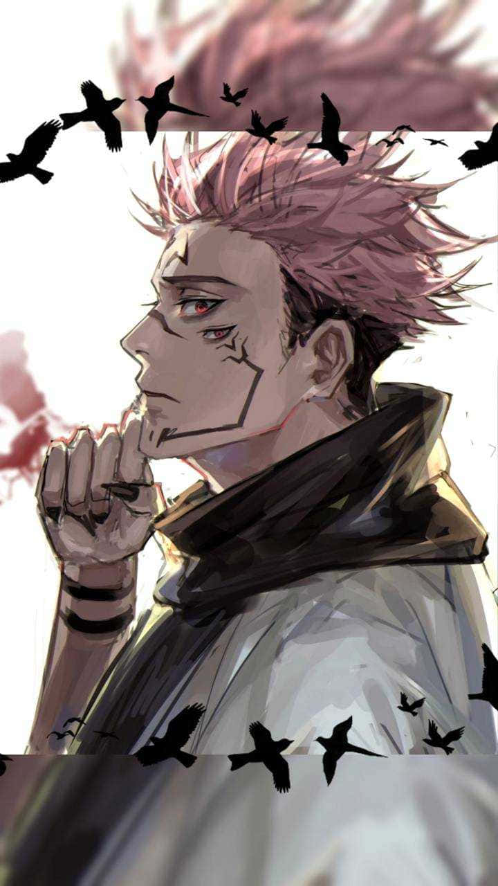 A Man With Pink Hair And Crows Flying Around Him Background
