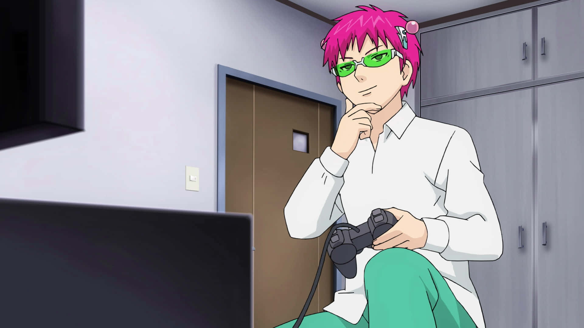 A Man With Pink Hair And Glasses Is Playing A Video Game Background