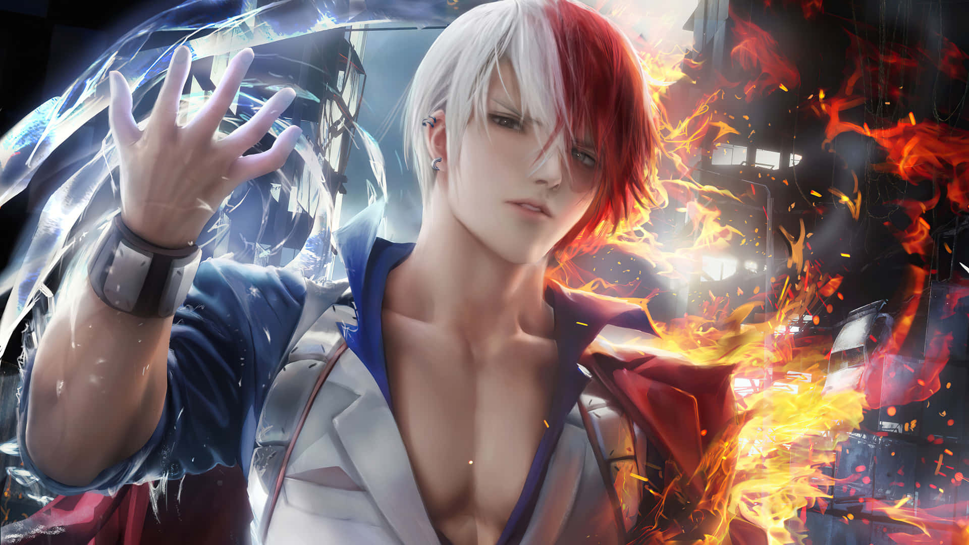 A Man With Red Hair And White Hair Is Holding A Fire Background