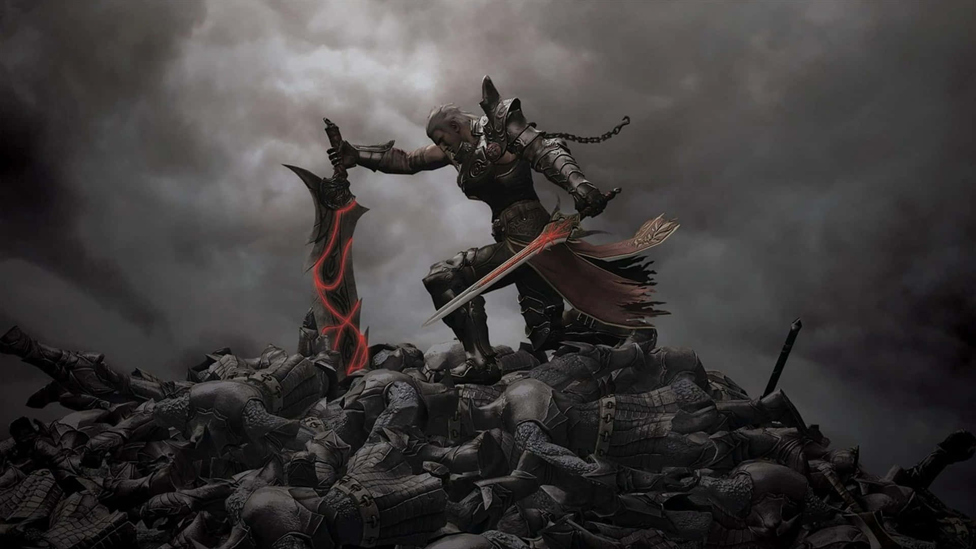 A Man With Swords Standing On Top Of A Pile Of Soldiers Background