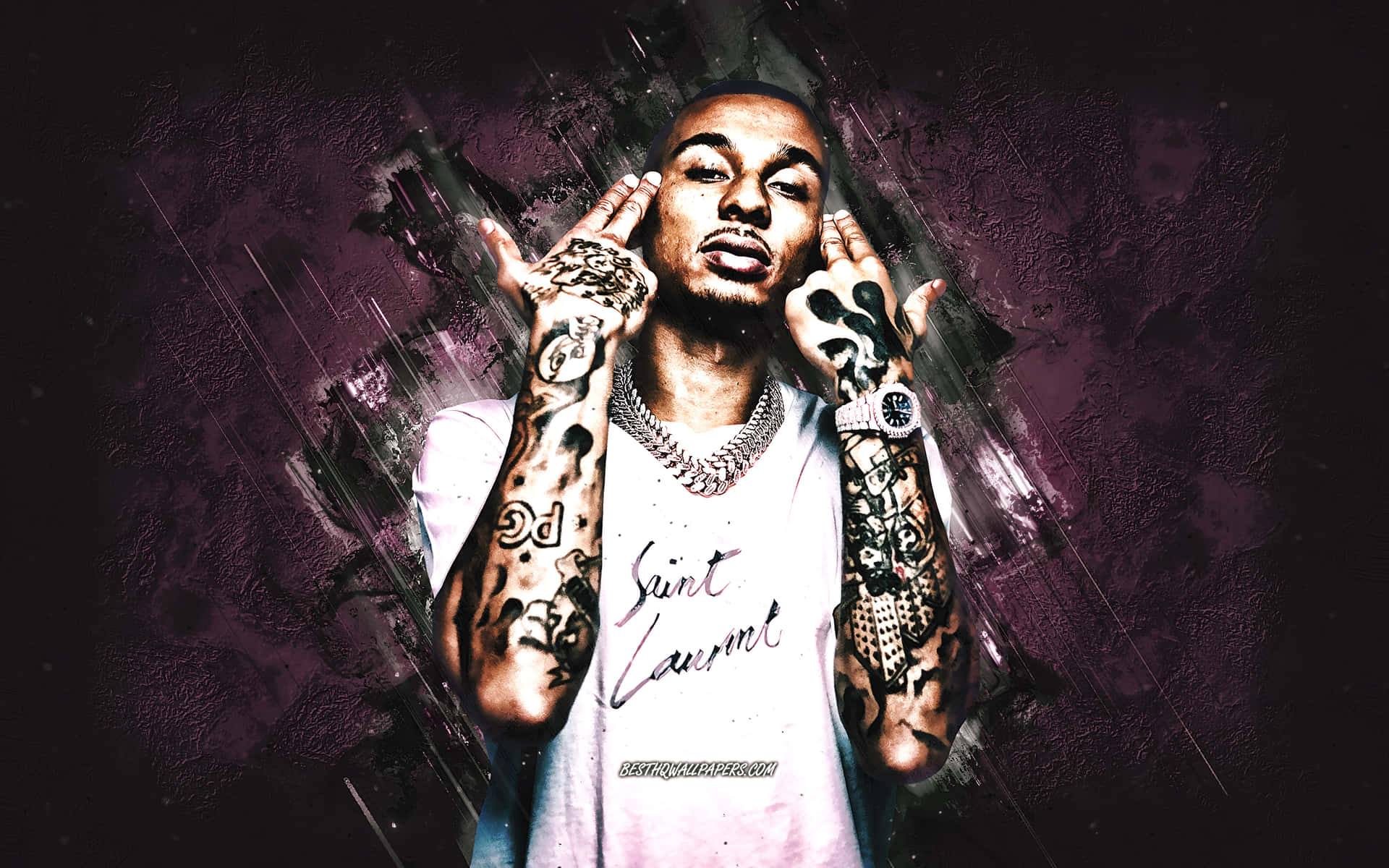 A Man With Tattoos On His Arms Is Holding His Hands Up Background