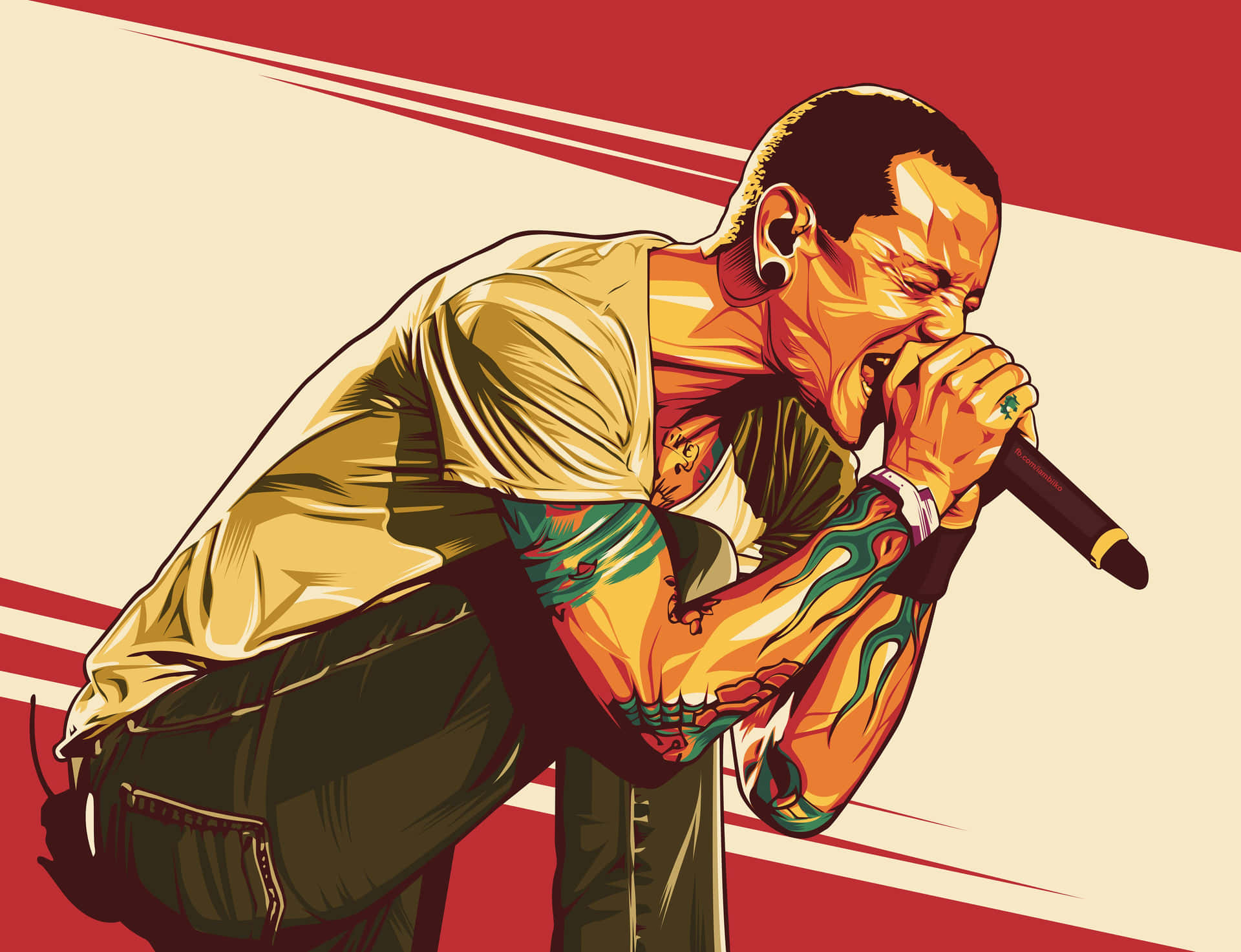 A Man With Tattoos Singing Into A Microphone Background