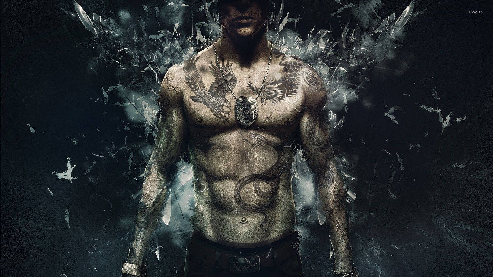 A Man With Tattoos Standing In Front Of A Black Background Background