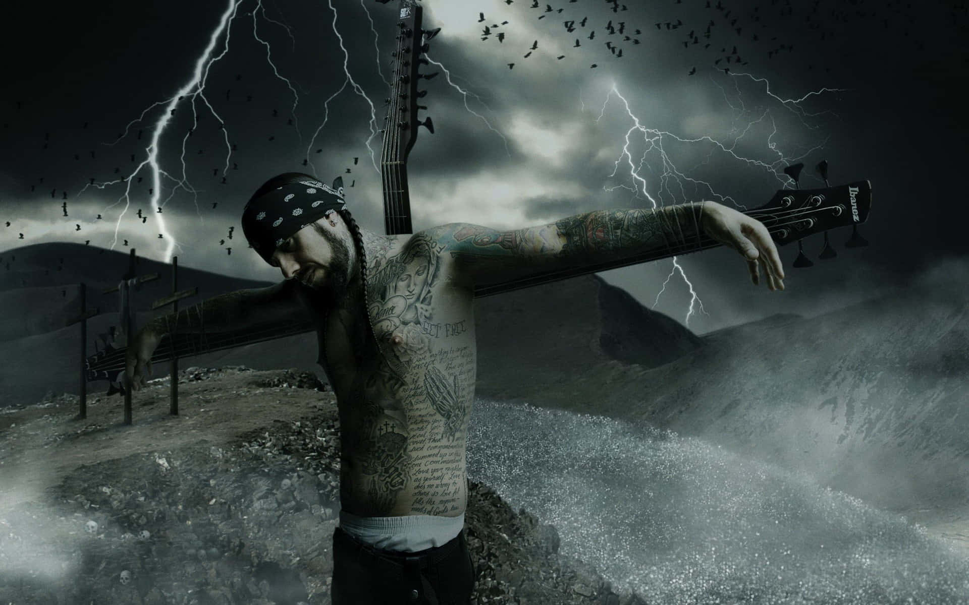 A Man With Tattoos Standing On A Cross With Lightning Background