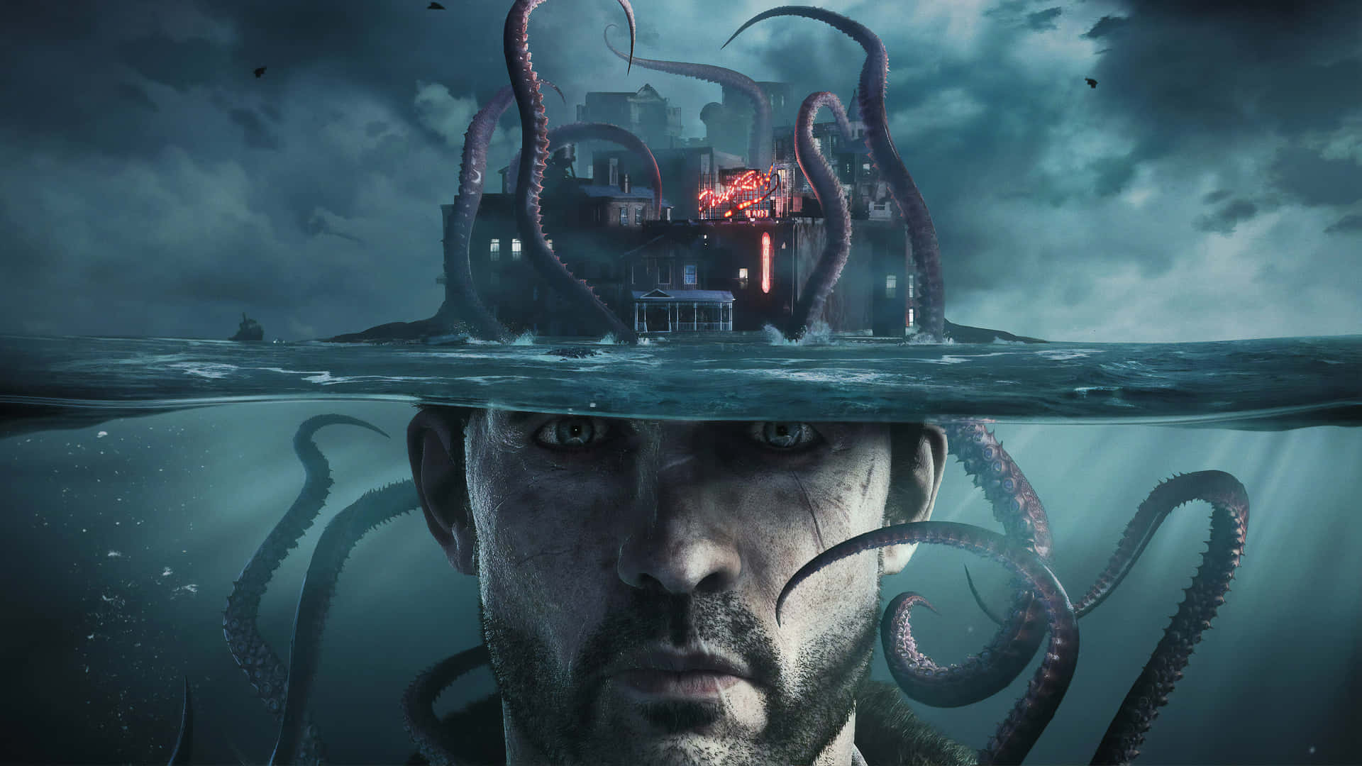 A Man With Tentacles On His Head Is In The Water Background