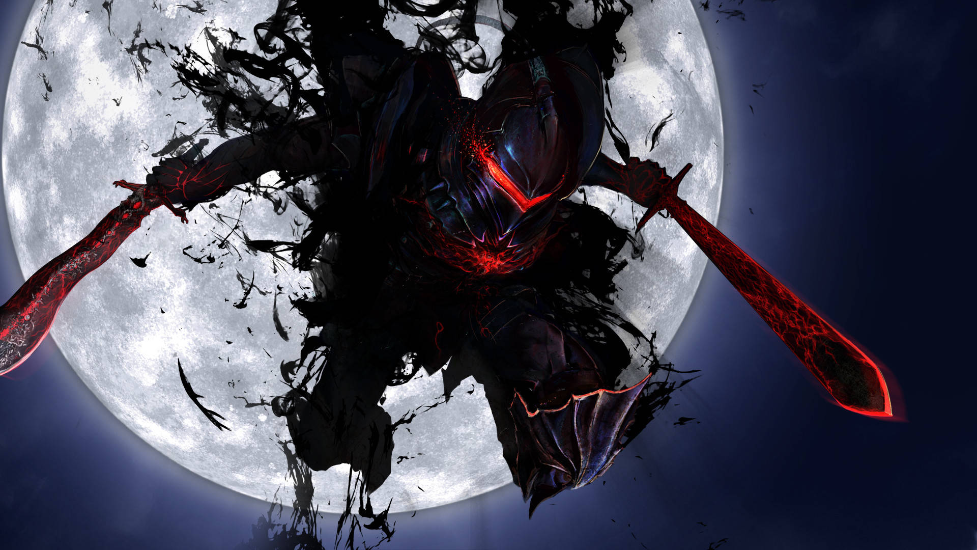 A Man With Two Swords In Front Of A Full Moon Background