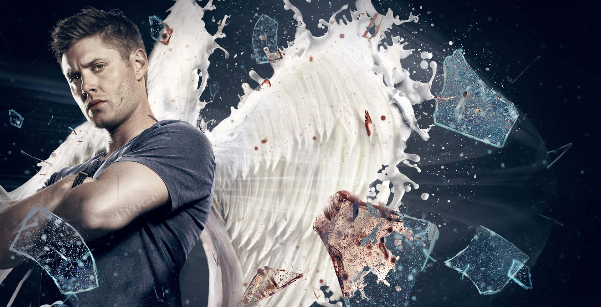 A Man With Wings Standing In Front Of A Broken Glass Background