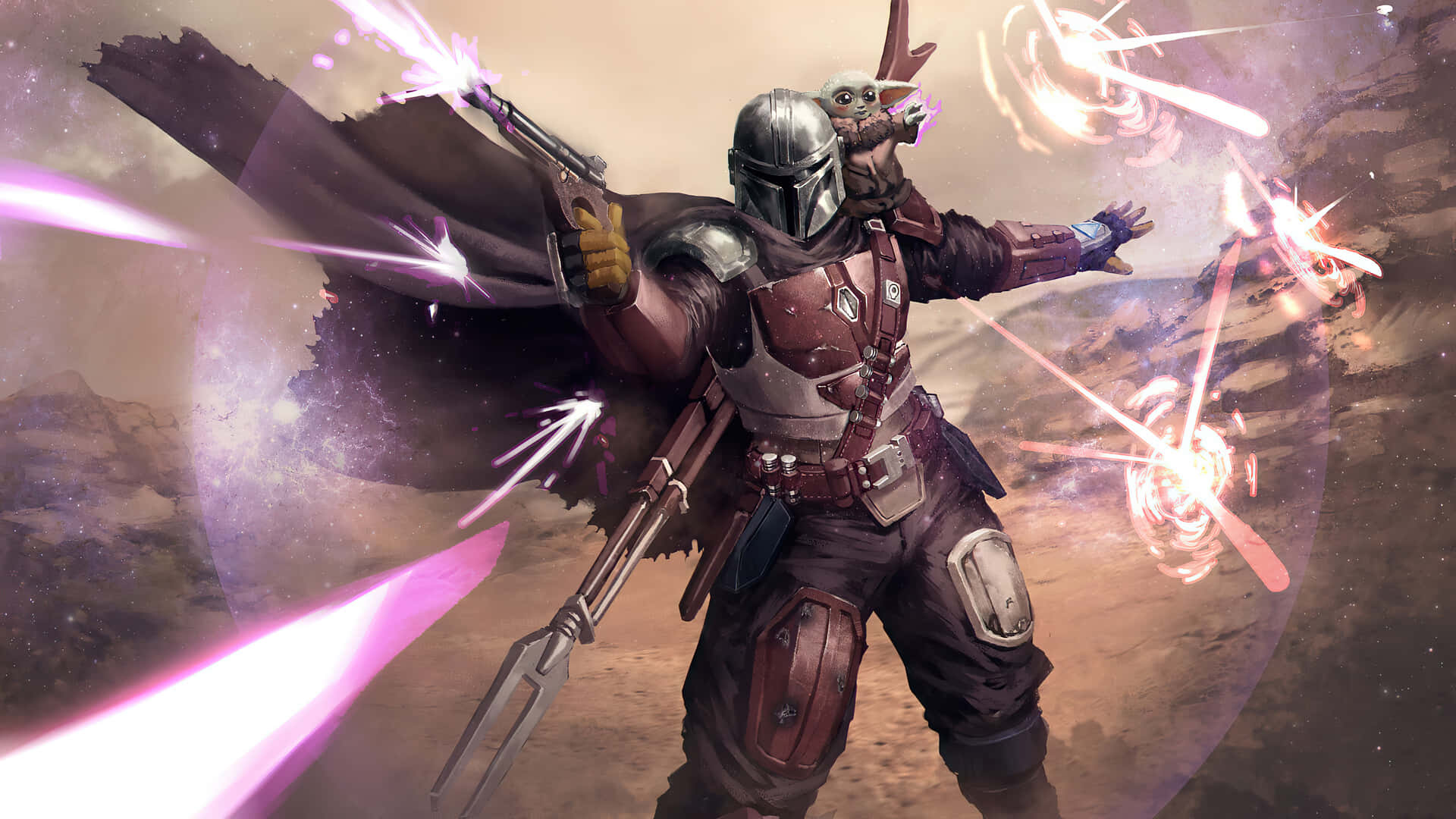 A Mandalorian With A Gun And A Purple Light Background