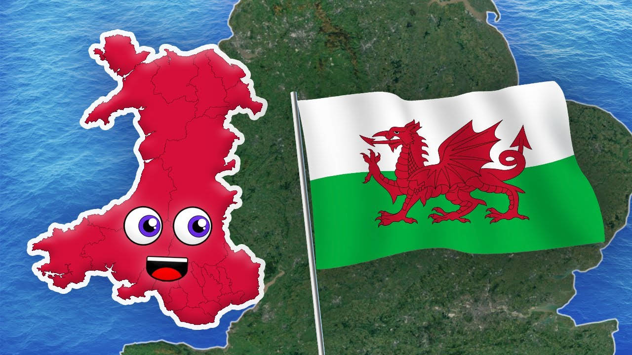 A Map Of Wales With A Flag And A Cartoon Character Background