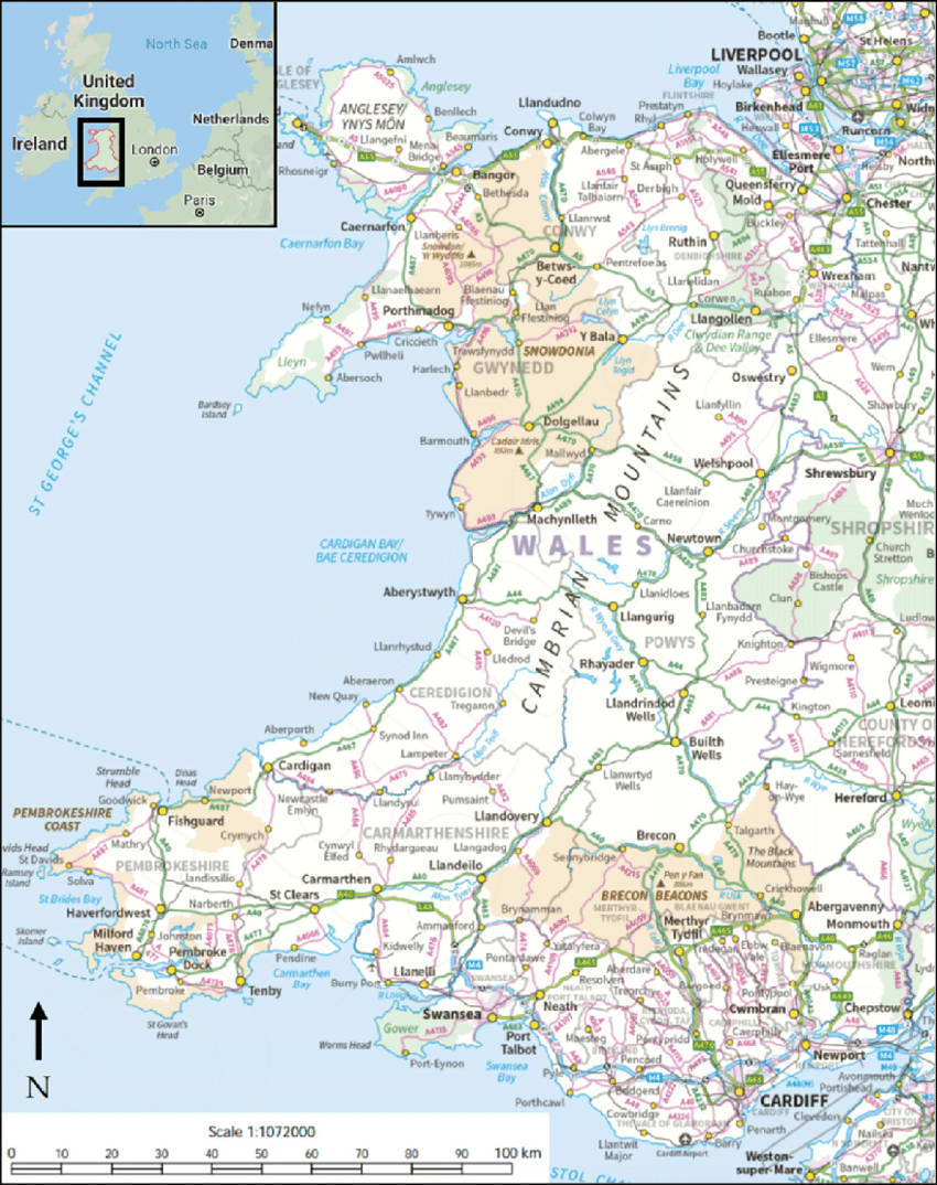 A Map Of Wales With The Major Cities And Towns Background