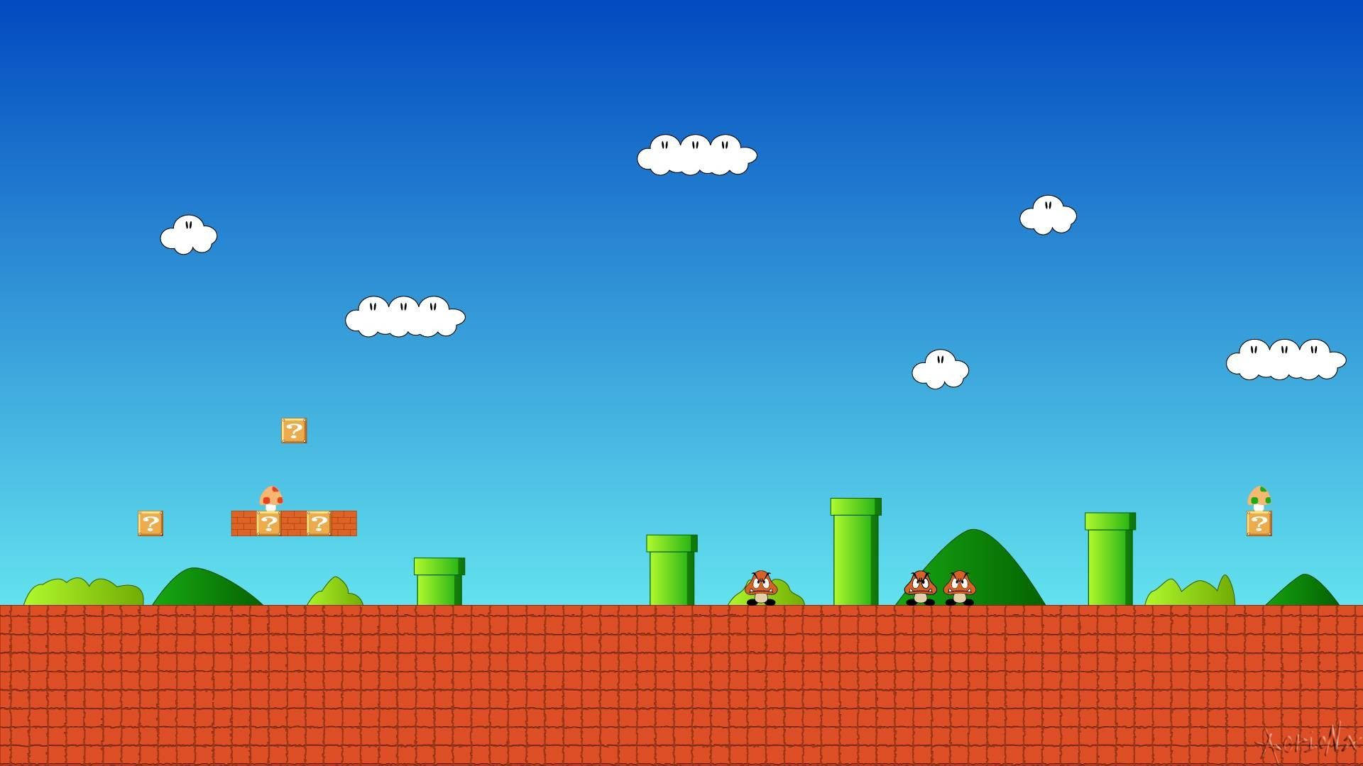 A Mario Bros Game With A Sky And Clouds Background
