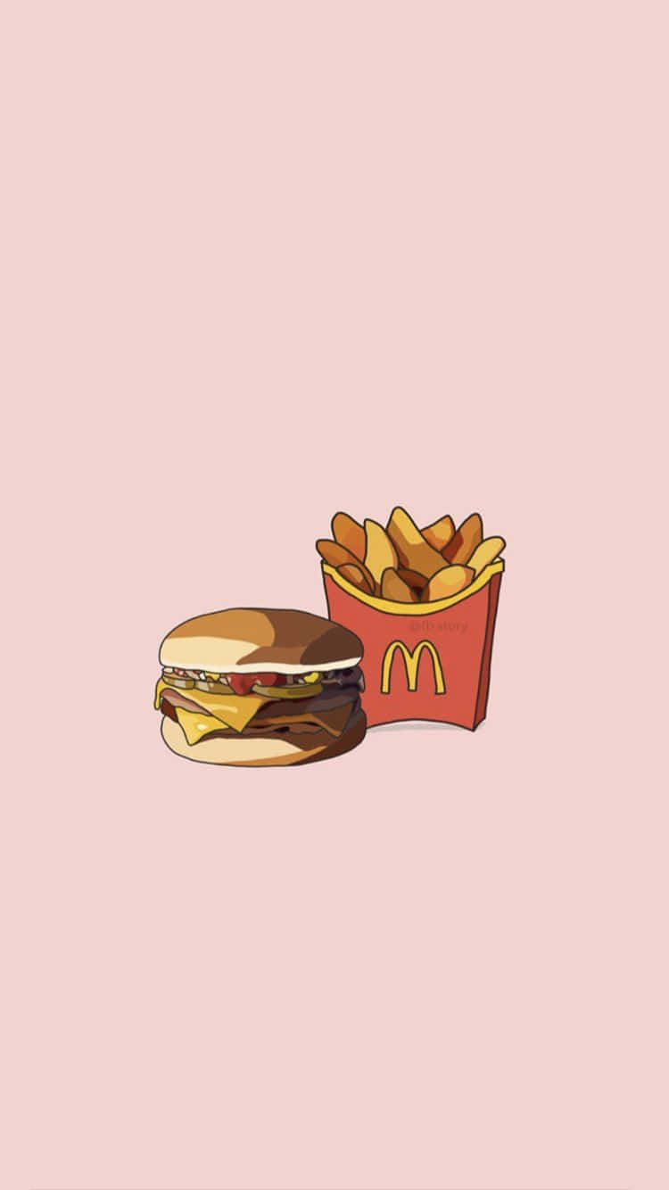 A Mcdonald's Hamburger And Fries On A Pink Background Background