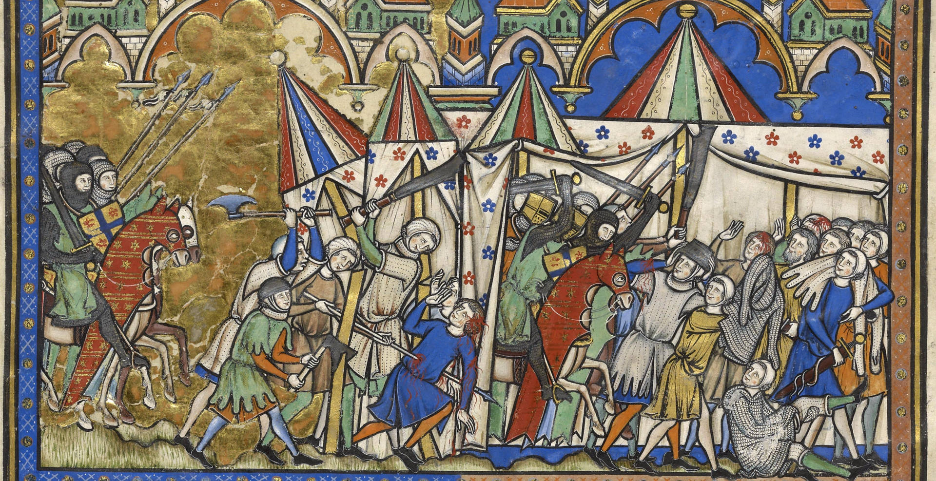 A Medieval Manuscript Showing A Scene Of A Battle Background