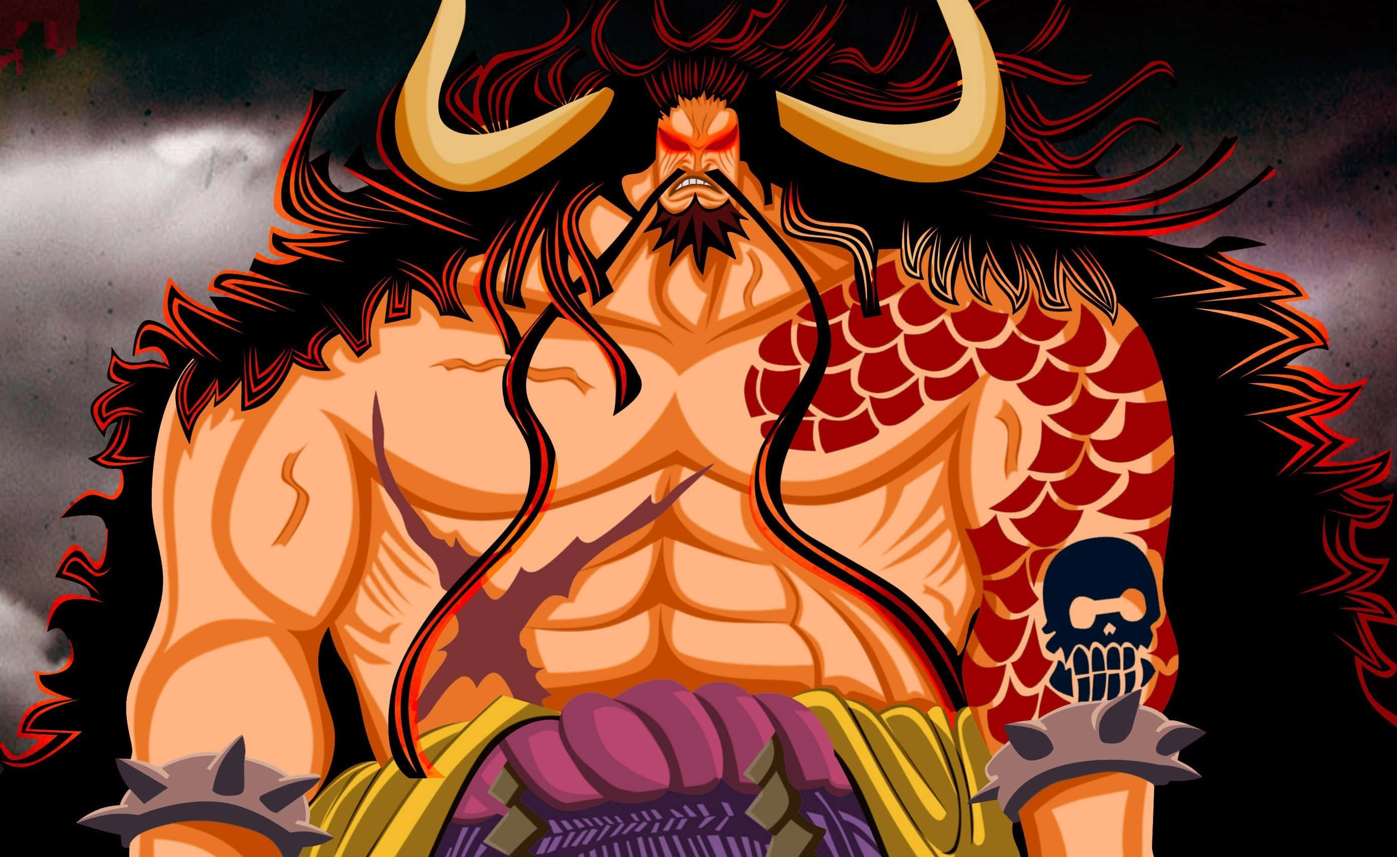 A Menacing Figure Of Kaido Of The Thousand Beasts As He Stands Atop A Mountain Of Skulls Background